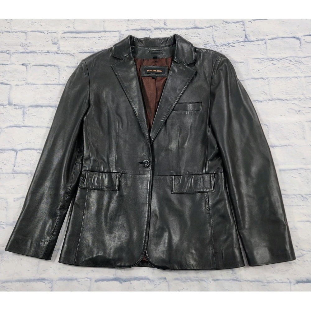 Marcel Kassini WOMENS M Brown One Button Leather Blazer Jacket Lined VINTAGE